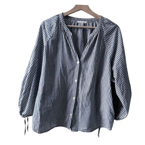 Free Assembly Blue Plaid Top XXL Navy 3/4 Sleeve Button Down flowy lightweight - Picture 2 of 3